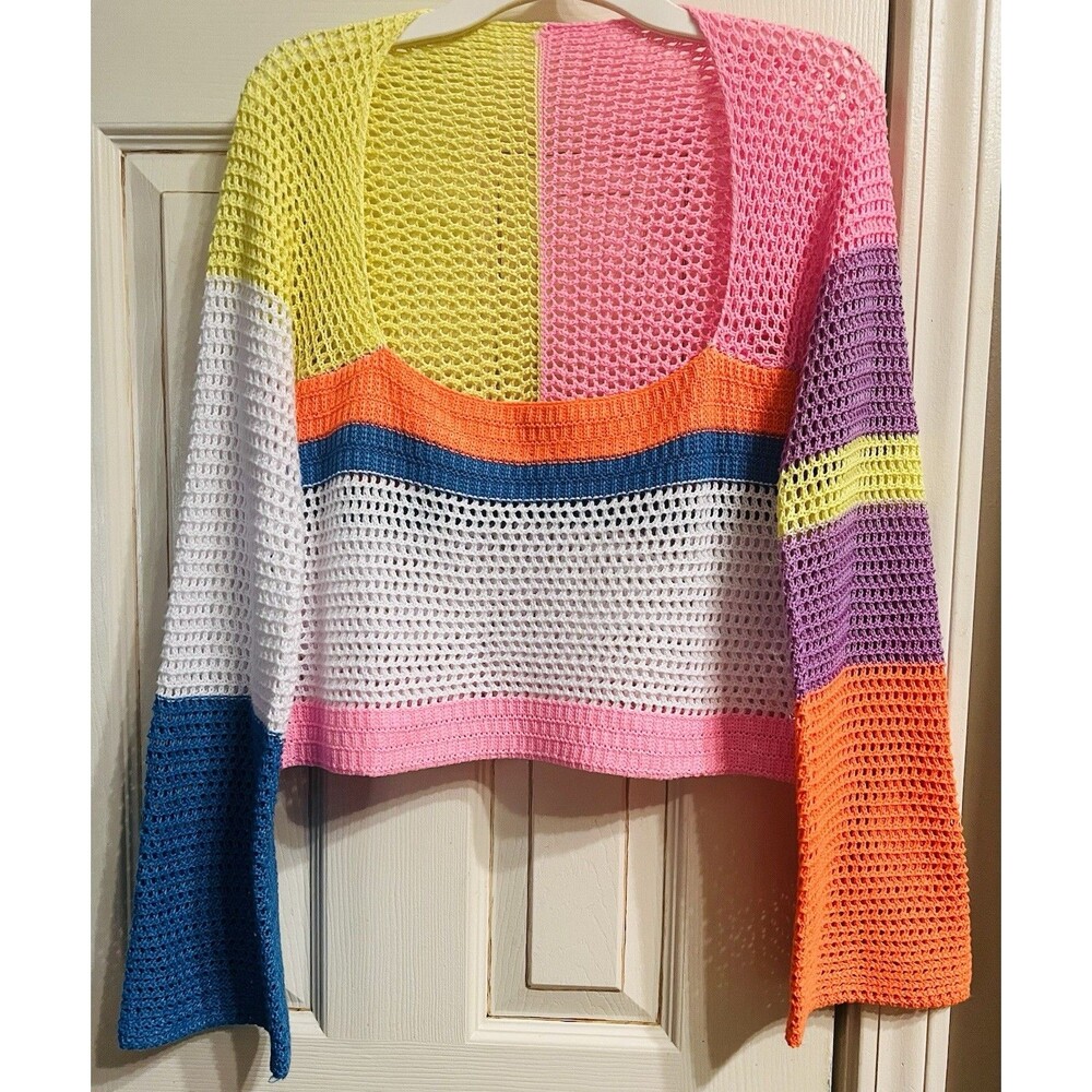 Colorful Crochet Knit Sweater Womens Small Scoop Neck Crop Bell Sleeve Boho NWOT